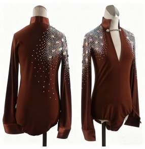 Custom size men's latin dance shirts youth juvenile competition coffee diamond waltz tango flamenco dance tops 