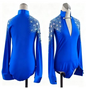 Custom size royal blue competition latin dance shirts for men youth juvenile salsa rumba waltz tango ballroom ball performance tops
