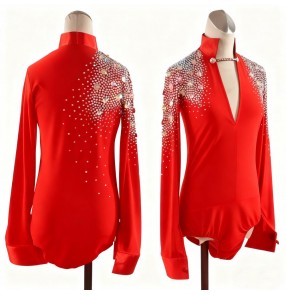 Custom size red latin dance shirts youth junior diamond competition waltz tango ballroom salsa chacha dancing tops for man