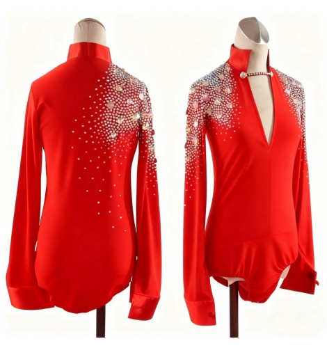 Custom size red latin dance shirts youth junior diamond competition waltz tango ballroom salsa chacha dancing tops for man