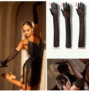 Women latin ballroom dance gloves black rhinestones mesh salsa rumba ball party performance long glove