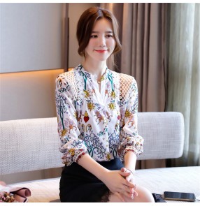 Satin printed shirt blouses women work shirts lace Patchwork fairy shirt women