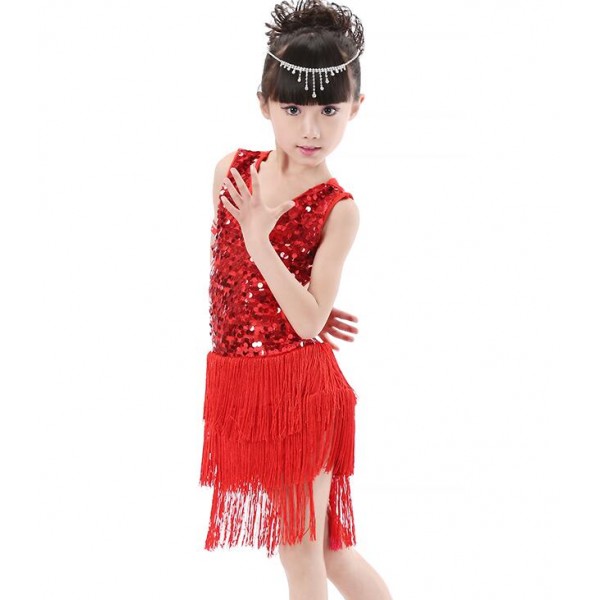 Red black royal blue sleeveless sequins girls kids children fringes ...