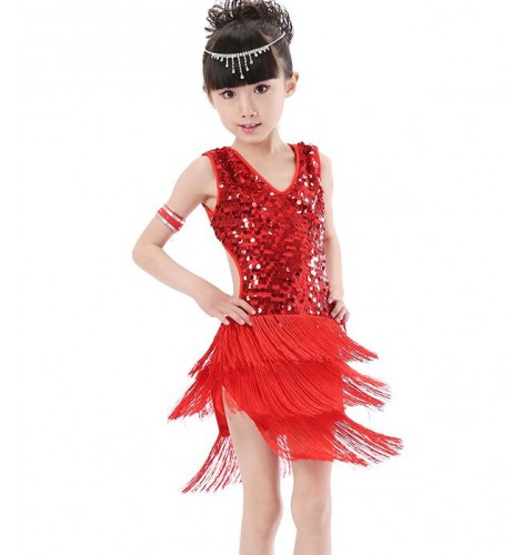 Red black royal blue sleeveless sequins girls kids children fringes ...