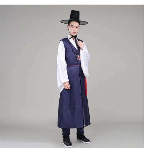 Light blue navy men's male long length traditional hanbok korean palace ...