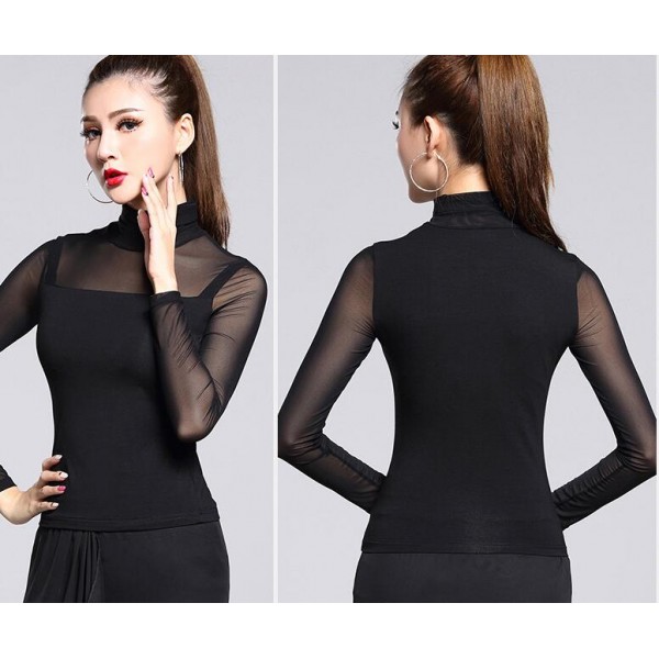 Black see through mesh sleeves front sexy fashion women's turtle neck ...