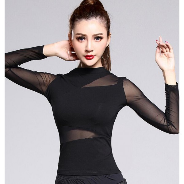 Black see through patchwork long sleeves turtle neck competition ...