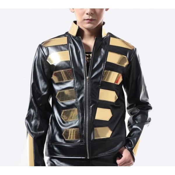 Black Gold Sequins Rivet Long Sleeves Men S Male Fashion Motor Cycle Singer Dj Ds Jazz Punk Rock Performance Jackets Tops Coat
