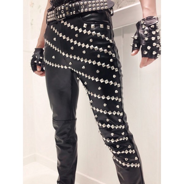 Black pu leather rivet fashion youth mans male men's stage performance  motorcycle punk rock drummer singer hip hop jazz dance costumes pants  outfits