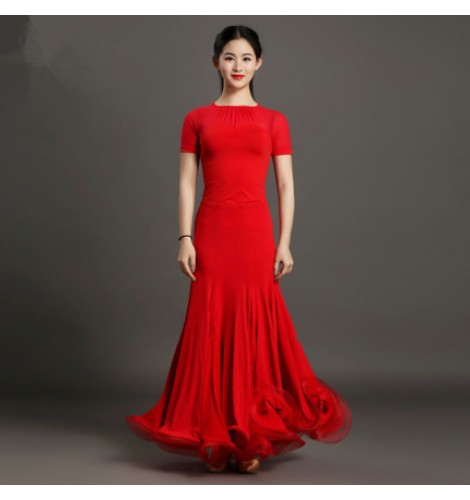 Black Red Short Sleeves Round Neck Women S Ladies Long Length Competition Performance Professional Ballroom Tango Waltz Dancing Dresses Outfits