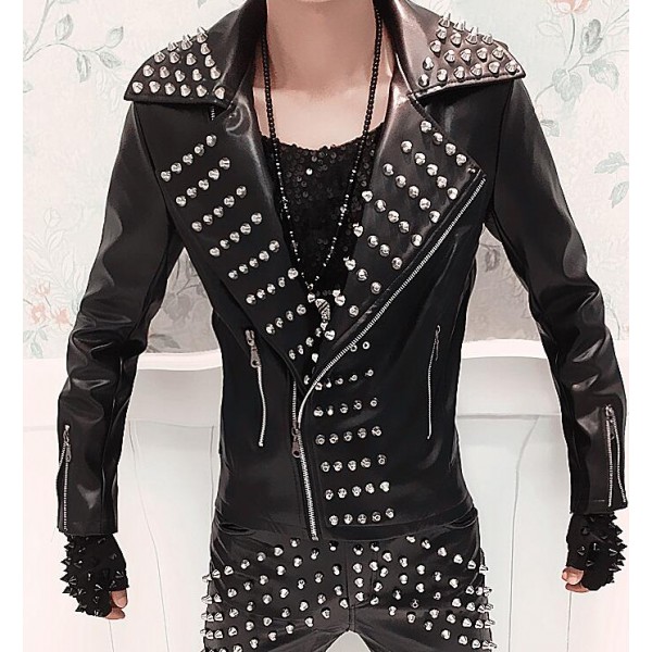Black Rivet Punk Rock Men S Male Mans Stage Performance Motorcycle Fashion Youth Hip Hop Night Club Bar Wear Lapel Collar Long Sleeves Jackets