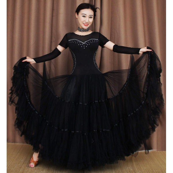 Black Short Sleeves With Gloves Rhinestones Compeion Long Length Black Short Sleeves With Gloves Rhinestones Compeion Long Length Full Skirted Professional Ballroom Waltz Tango Dancing Dresses Outfits