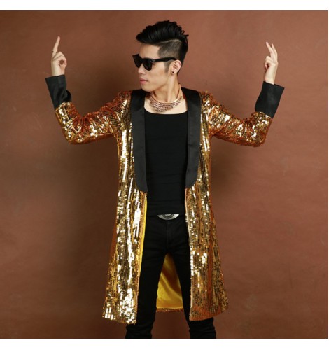 Gold sequins black lapel collar front open male men's mans drummer