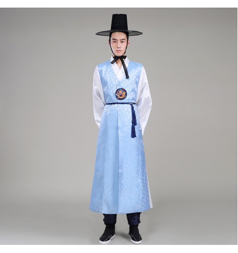 Light blue navy men's male long length traditional hanbok korean palace ...