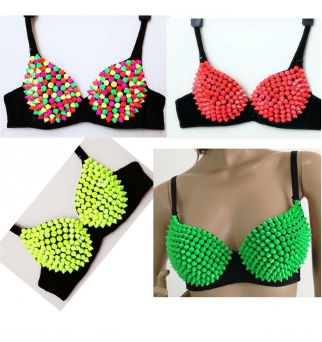 Neon rainbow fluorescent red turquoise blue orange red green yellow hot  pink night club European and American rivet bras jazz ds singer punk hip  hop rocks candy colored bras underwear