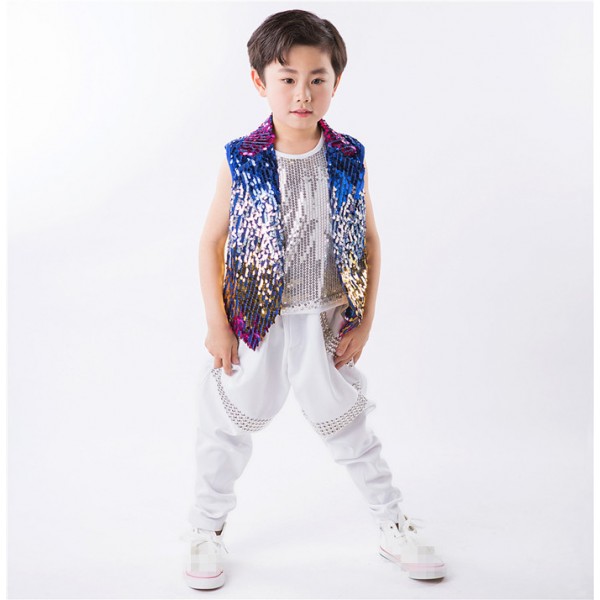 Kid Boys Glittery Sequined Vest Shirt Party Costume Hip-hop Jazz Dance Waistcoat