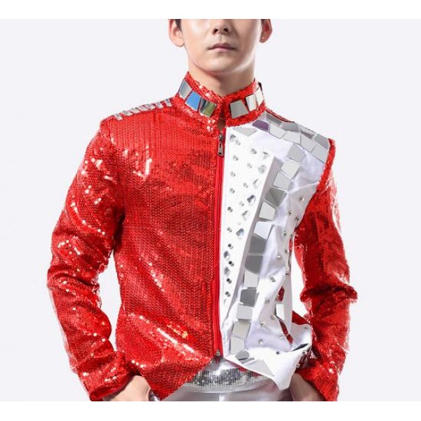 Red White Mirror Diamond Patchwork Fashion Men S Male Motor Cycle Jazz Hip Hop Stage Performance Singer Dancing Tops Jackets Coats