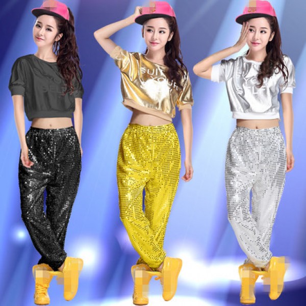Silver gold black sequins fashion women's girls stage performance singer  jazz dj ds hip hop dance costumes outfits