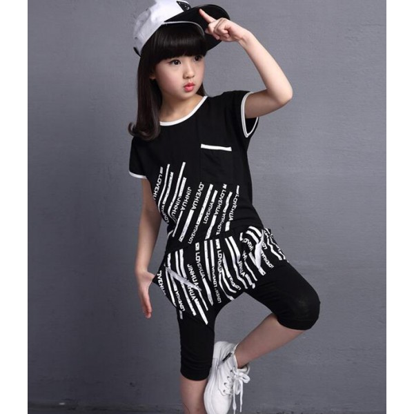 White black striped printed short sleeves harem pants girls kids children  performance hip hop jazz modern dance school play costumes outfits