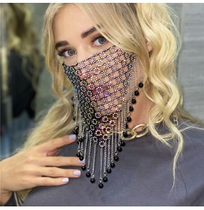 Ab white rhinestone hollow fashion face masks for women night club stage performance bling tassels photos shooting belly dance veil face mask for women