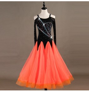 Adult children ballroom dresses professional competition stage performance orange color waltz tango chacha rumba salsa dancing costumes