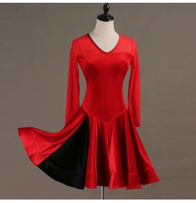 Adult children latin dance dresses long sleeves velvet girls black red velvet rumba chacha samba salsa competition stage performance dresses