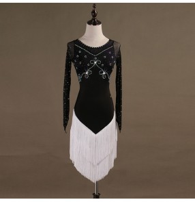 Adult children latin dresses white with black tassels rhinestones competition salsa rumba samba chacha dancing costumes 