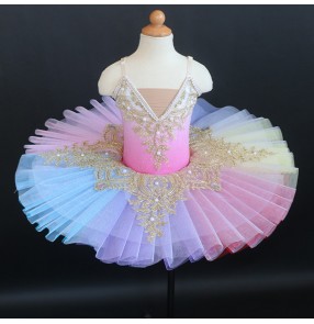 Adult colorful Rainbow colored professional ballet dance dress tutu skirt prom party concert ballerina stage performance dress sleeping beauty little swan show group ballet dance costume