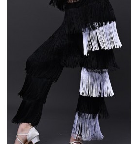 adult Women girls black white royal blue green orange latin dance tassels pants layer fringed latin dance competition training pants modern dance long trousers for female