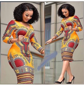 African Dresses for Women Printed Tribal Ethnic Fashion V-neck Ladies Clothes Casual Sexy Dress Robe Party