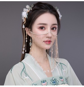 Ancient Hanfu fairy princess cosplay headdress with pearl fringe veil feather hairpin and earrings Han Tang princess photos shooting jewelry for women