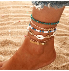 Anklet European and American Bohemian Geometric Disc Beaded Shell Braided 6-piece anklet