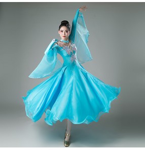 Aqua blue colored ballroom dancing dresses for women girls diamond bling waltz tango foxtrot smooth dance long skirts for female