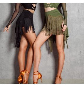 Army Green black fringed Latin dance skirt for women girls latin rumba salsa chacha practice skirts professional dance irregular tassels skirt