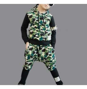 Army green printed pattern patchwork fashion casual boys kids children school competition performance hip hop jazz ds dancing outfits costumes clothes