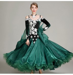 Ballroom competition dancing dresses for women girls dark green wine velvet long sleeves diamond professional waltz tango dancing dresses