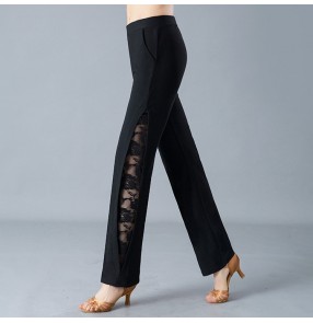 Ballroom dance pants for women female adult long length lace hollow side competition rumba chacha salsa samba dance long trousers