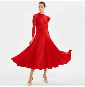 Ballroom dancing dresses  for women female red blue lace long sleeves competition professional waltz tango dancing long dresses skirts
