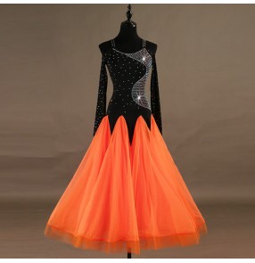 Ballroom dancing dresses for women girls black and orange patchwork rhinestones long sleeves stage performance professional waltz tango dancing dresses