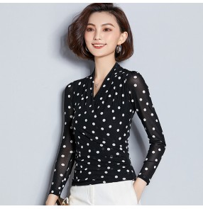 Ballroom dancing tops for women female white Polka dot long sleeves stage performance professional competition latin dance shirt