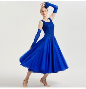 Ballroom dress flamenco performance skirt royal blue re lace competition professional waltz tango dancing long dress clothes