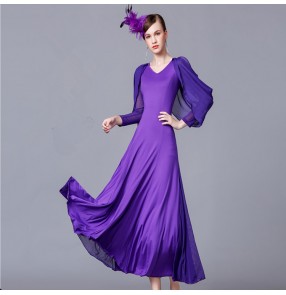 Ballroom dress for women flamenco black red violet long sleeves long length stage performance competition waltz tango dresses