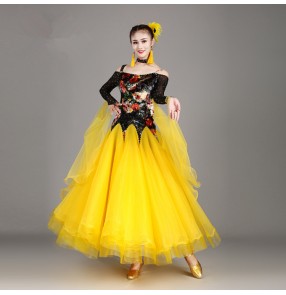Ballroom dresses competition yellow purple long sleeves stage performance waltz tango chacha dancing costumes dresses