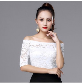 Ballroom latin dance tops for women female white lace short sleeves professional competition stage performance samba chacha rumba salsa dance t shirts 