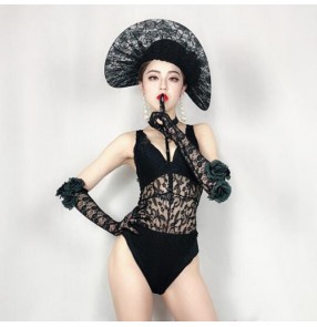 Bar female singer gogo dancers costume stage costume DS model photography clothing retro black sexy lace jumpsuit for women