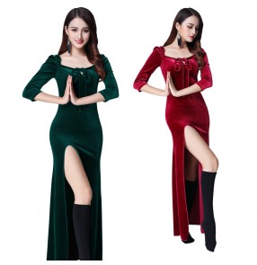 Belly dance practice clothes Indian Oriental dance performance suit velvet sexy side slit long dress