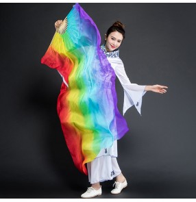 Belly dance rainbow colored 100% silk lengthened dance Long Fan Colorful yangko umbrella Dancing Fan for women girls