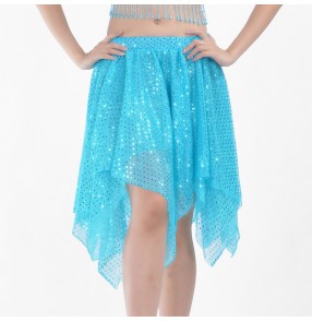 Belly dance skirts for women girls white silver blue red sequins glitter modern dance belly dance costumes belly dance irregular hem skirts for women 