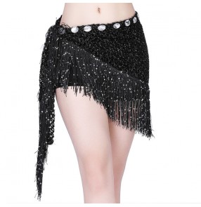 Belly Latin dance diamond tassel hip scarf white red black hot pink waist chain Hollow sequined triangle scarf Dancing practice thin belt hip scarf Dance performance waist scarf