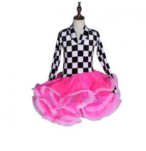 Black and white plaid with pink velvet Latin dance dresses for girls kids Black Pool Professional Dance Competition Practicing latin dance Costumes